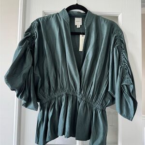 Anthropologie Deep Green Blouse with Gathered Sleeves